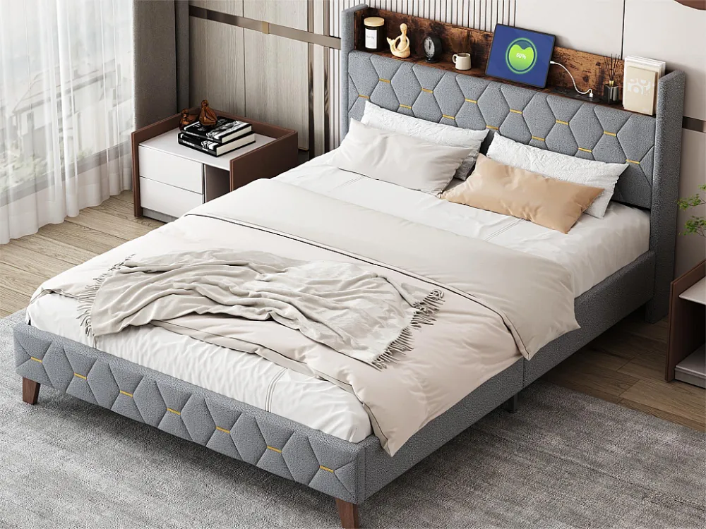 Tweepersoonsbed 160 x 200 cm, volwassenenbed, hoofdeinde met plank en USB-poort, bekleed met fluweel, lattenbodem, grijs