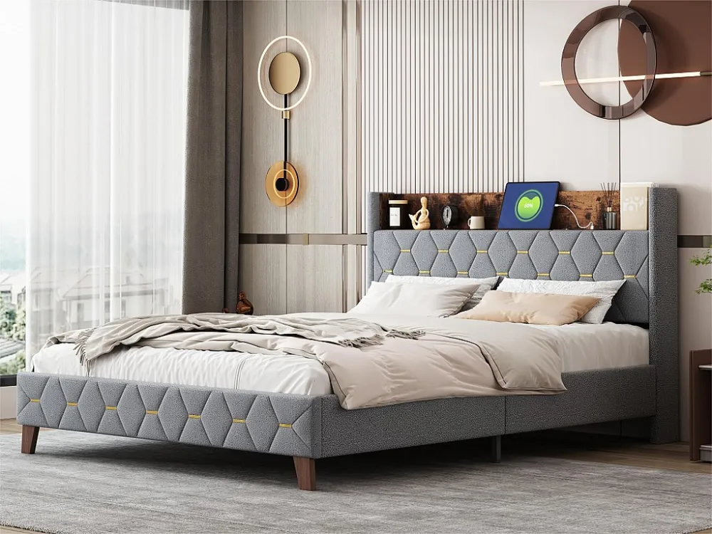 Tweepersoonsbed 160 x 200 cm, volwassenenbed, hoofdeinde met plank en USB-poort, bekleed met fluweel, lattenbodem, grijs