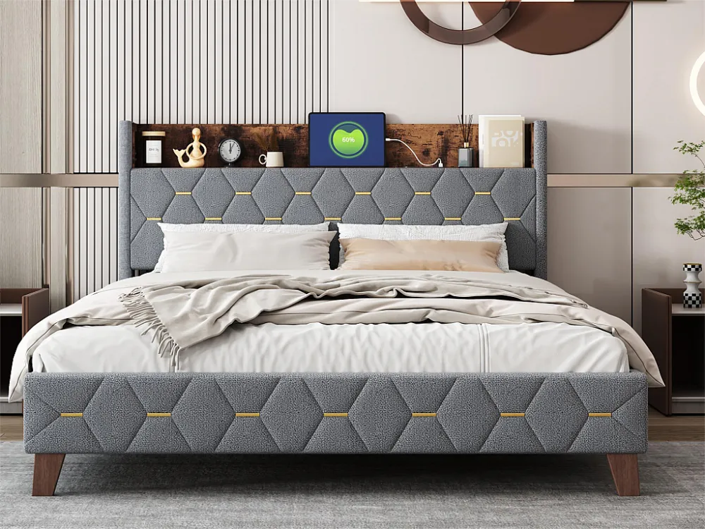 Tweepersoonsbed 160 x 200 cm, volwassenenbed, hoofdeinde met plank en USB-poort, bekleed met fluweel, lattenbodem, grijs