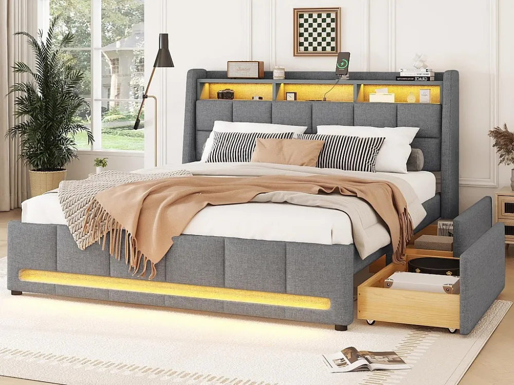 Tweepersoonsbed 160x200cm linnen stof - met 2 laden + LED + USB-aansluiting - Grijs