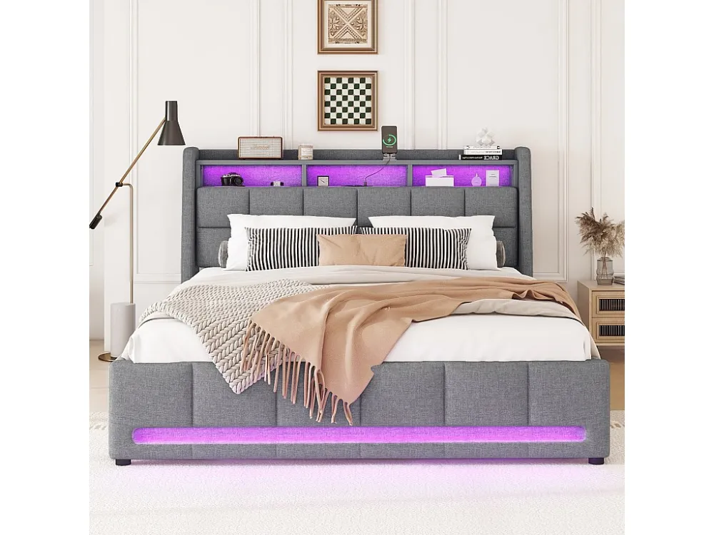 Tweepersoonsbed 160x200cm linnen stof - met 2 laden + LED + USB-aansluiting - Grijs