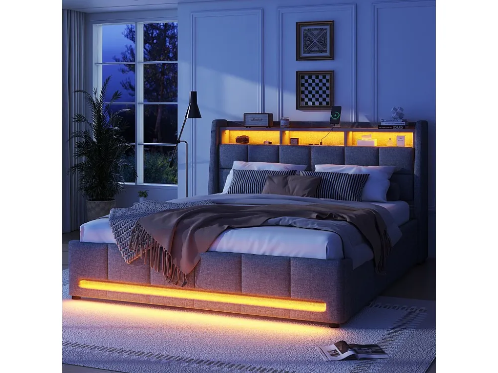 Tweepersoonsbed 160x200cm linnen stof - met 2 laden + LED + USB-aansluiting - Grijs