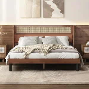 Tweepersoonsbed 160x200cm - met kunstleer en VINYL rotan kussens - met houten lattenbodem - Bruin