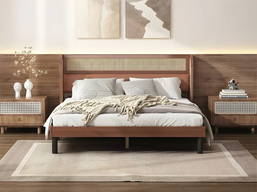 Tweepersoonsbed 160x200cm - met kunstleer en VINYL rotan kussens - met houten lattenbodem - Bruin