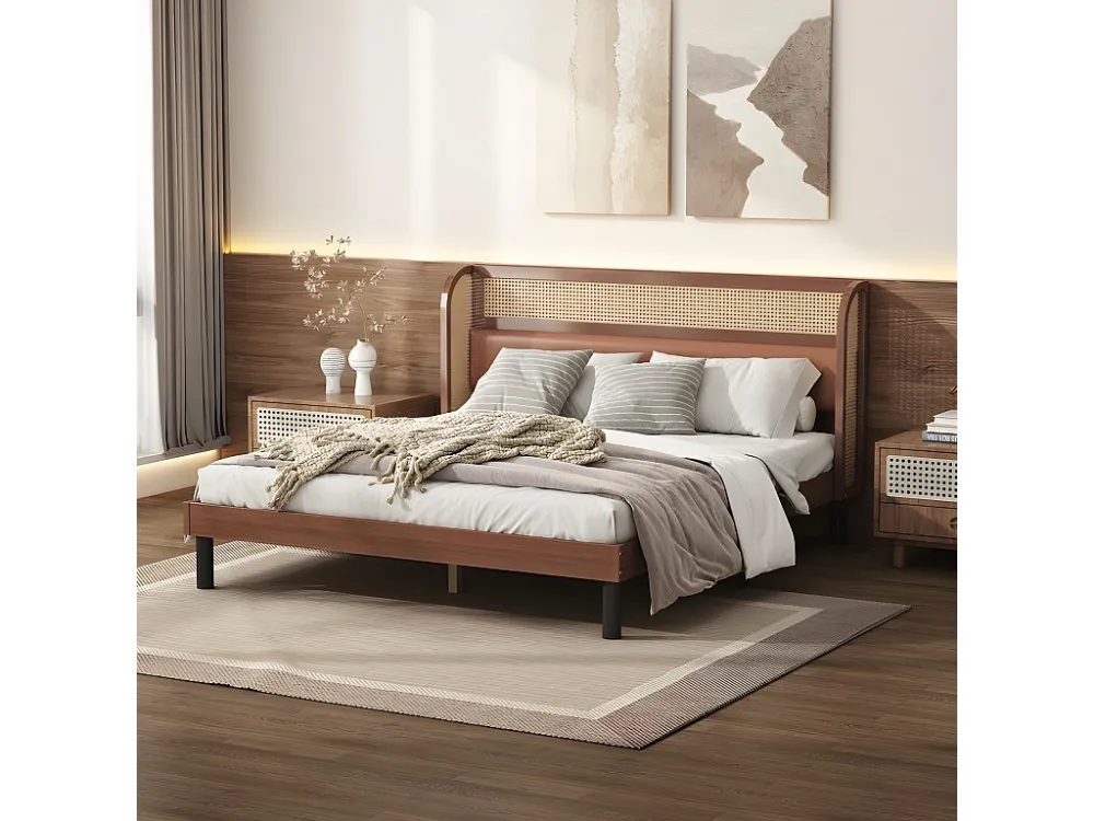 Tweepersoonsbed 160x200cm - met kunstleer en VINYL rotan kussens - met houten lattenbodem - Bruin