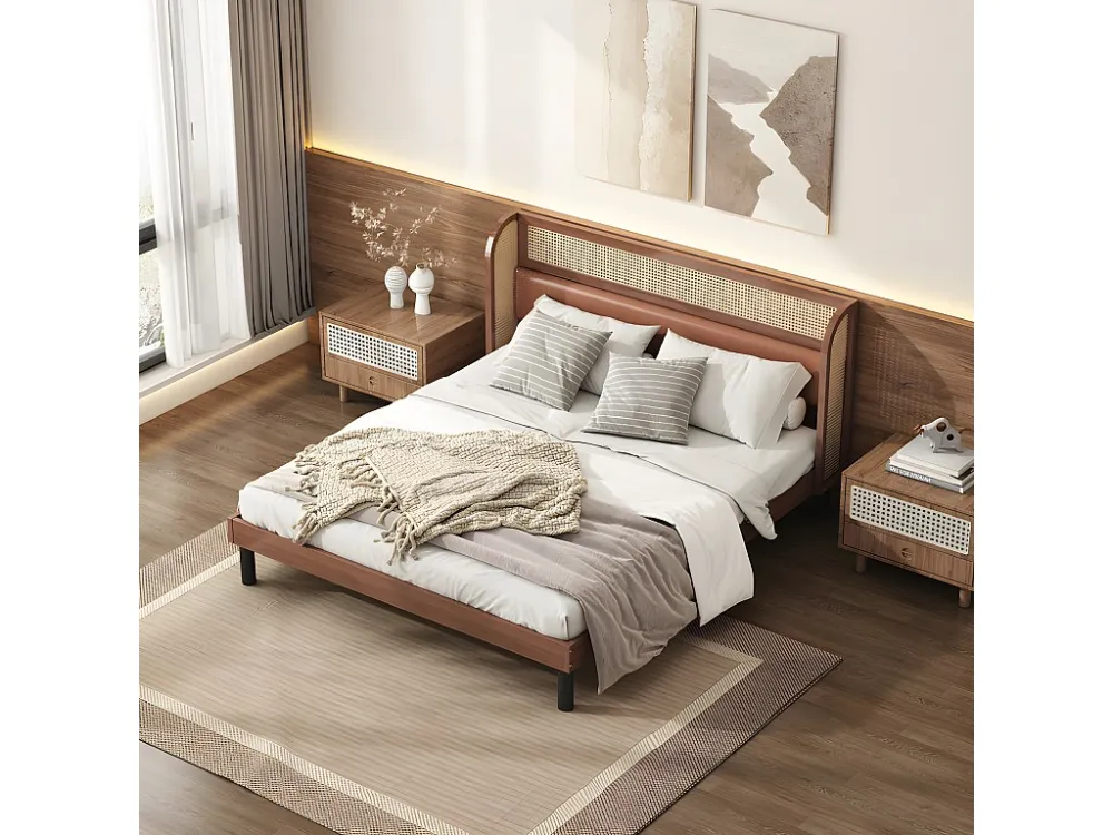 Tweepersoonsbed 160x200cm - met kunstleer en VINYL rotan kussens - met houten lattenbodem - Bruin