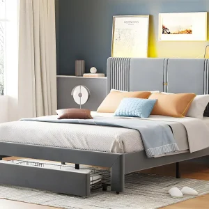 Tweepersoonsbed bekleed met fluweel 140x200cm - met LED en USB-oplaadpoort - met grote lade - Grijs