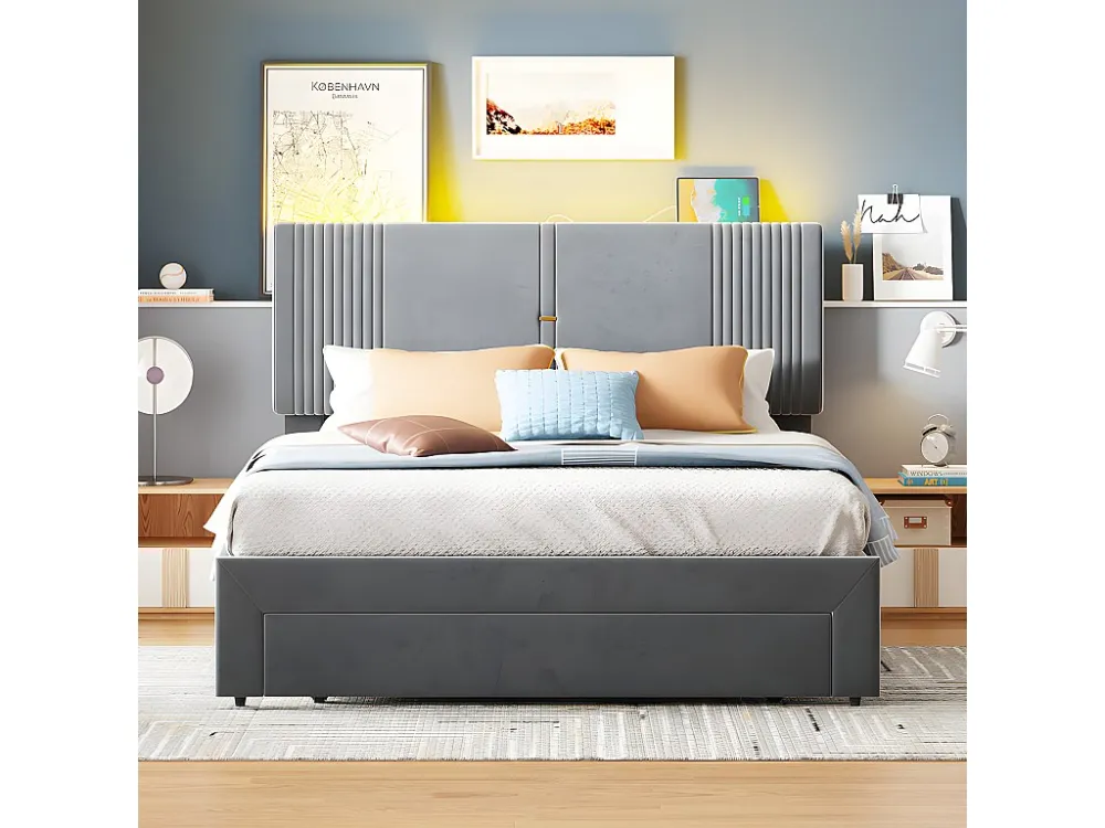 Tweepersoonsbed bekleed met fluweel 140x200cm - met LED en USB-oplaadpoort - met grote lade - Grijs