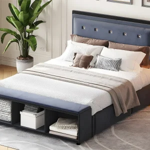 Tweepersoonsbed bekleed met fluweel 140x200cm - voetensteun met uitneembare vakken - met lattenbodem - Grijs