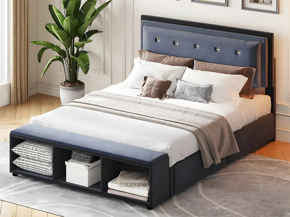 Tweepersoonsbed bekleed met fluweel 140x200cm - voetensteun met uitneembare vakken - met lattenbodem - Grijs
