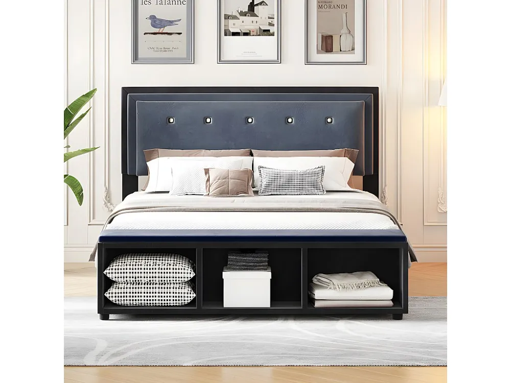 Tweepersoonsbed bekleed met fluweel 140x200cm - voetensteun met uitneembare vakken - met lattenbodem - Grijs