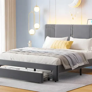 Tweepersoonsbed bekleed met fluweel 160x200cm - met LED en USB-oplaadpoort - met grote lade - Grijs