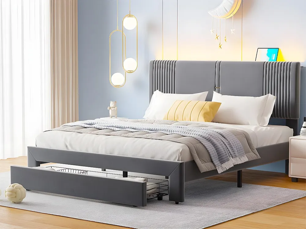 Tweepersoonsbed bekleed met fluweel 160x200cm - met LED en USB-oplaadpoort - met grote lade - Grijs