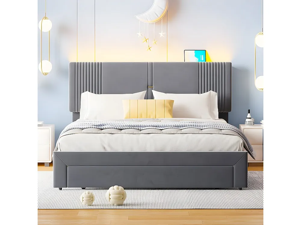 Tweepersoonsbed bekleed met fluweel 160x200cm - met LED en USB-oplaadpoort - met grote lade - Grijs