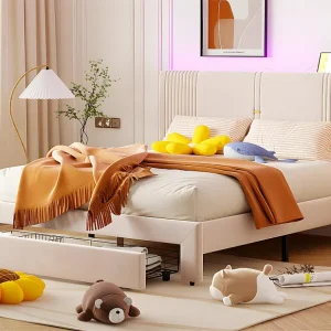 Tweepersoonsbed bekleed met fluweel 160x200cm - met LED en USB-oplaadpoort - met grote lade - Ecru