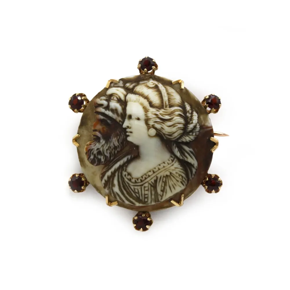 Tweevoudig Portrait Brooch - Gold, Garnets, cameo Bones