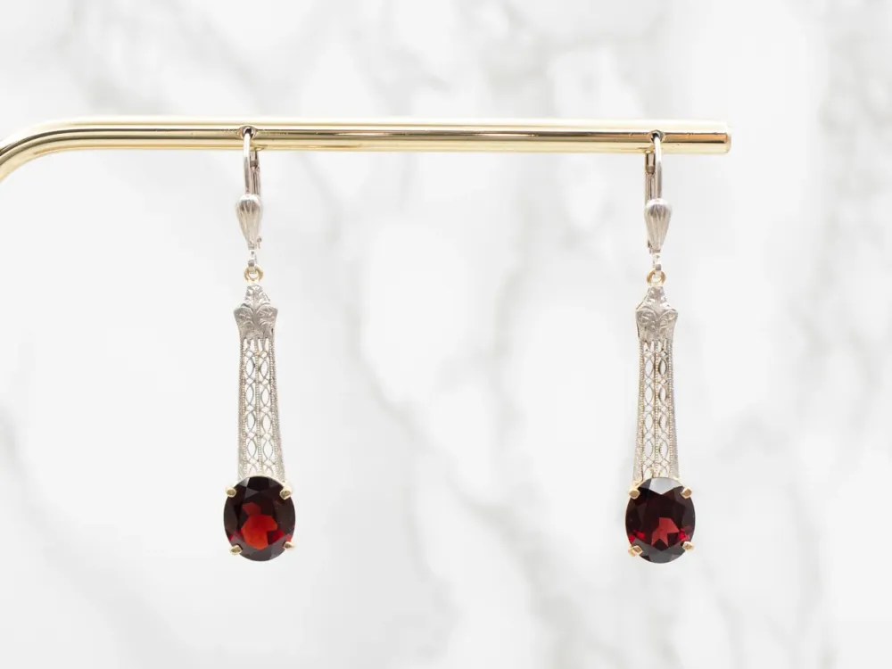 Two Tone Garnet Filigree Drop Earrings