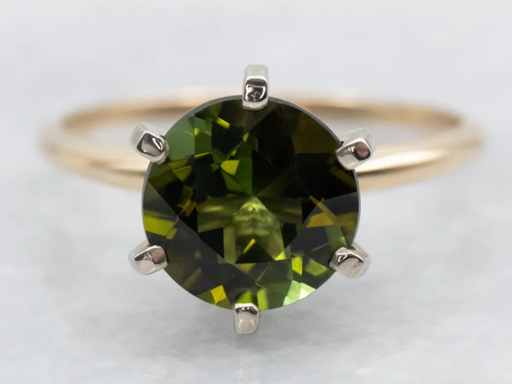 Two Tone Goud Green Tourmaline Solitaire Ring