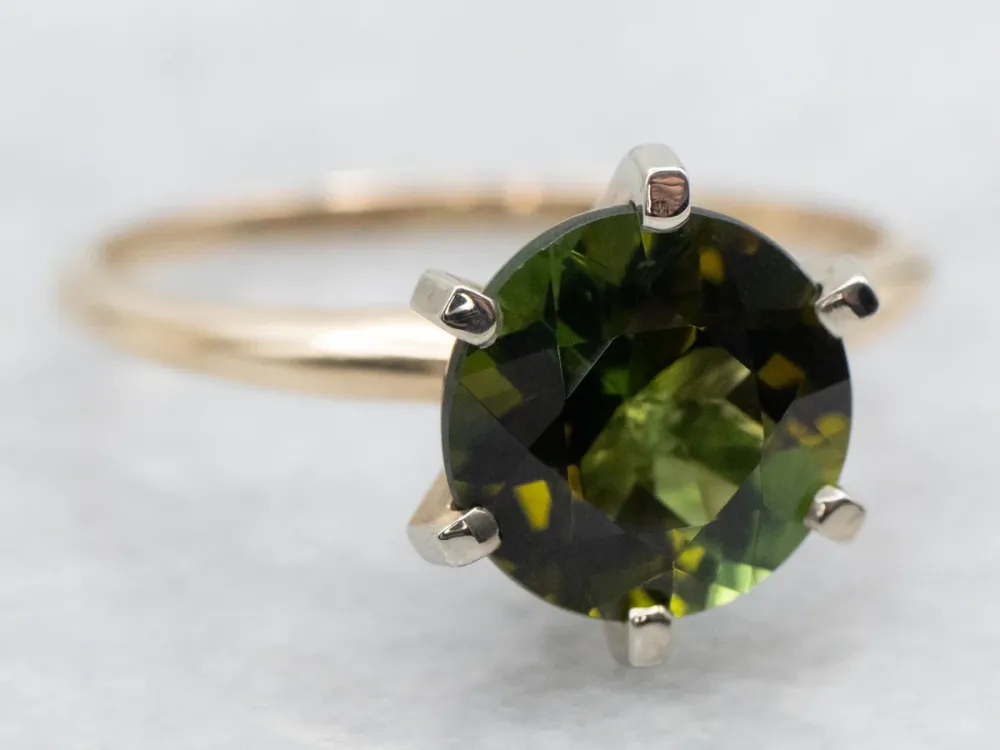Two Tone Goud Green Tourmaline Solitaire Ring