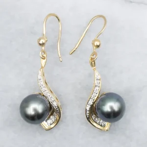 Two Tone Goud Grey Pearl and Diamond Drop Earrings