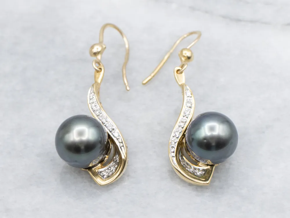 Two Tone Goud Grey Pearl and Diamond Drop Earrings