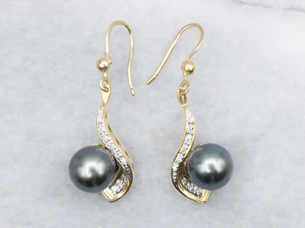 Two Tone Goud Grey Pearl and Diamond Drop Earrings