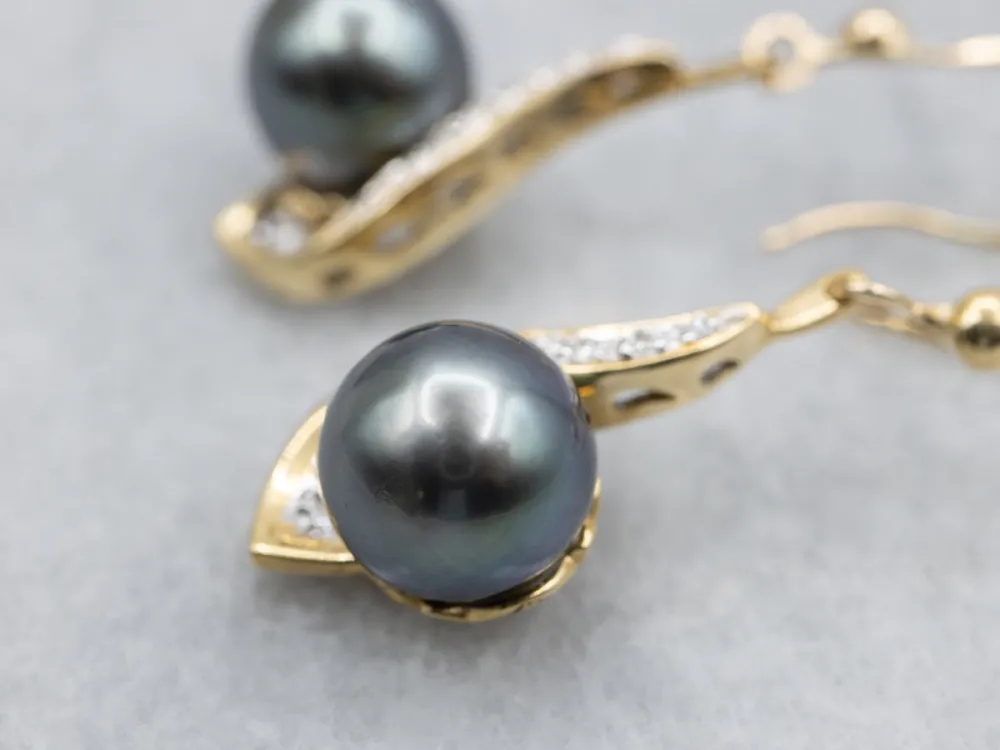 Two Tone Goud Grey Pearl and Diamond Drop Earrings