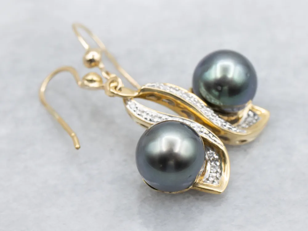 Two Tone Verguld Grey Pearl and Diamond Drop Earrings