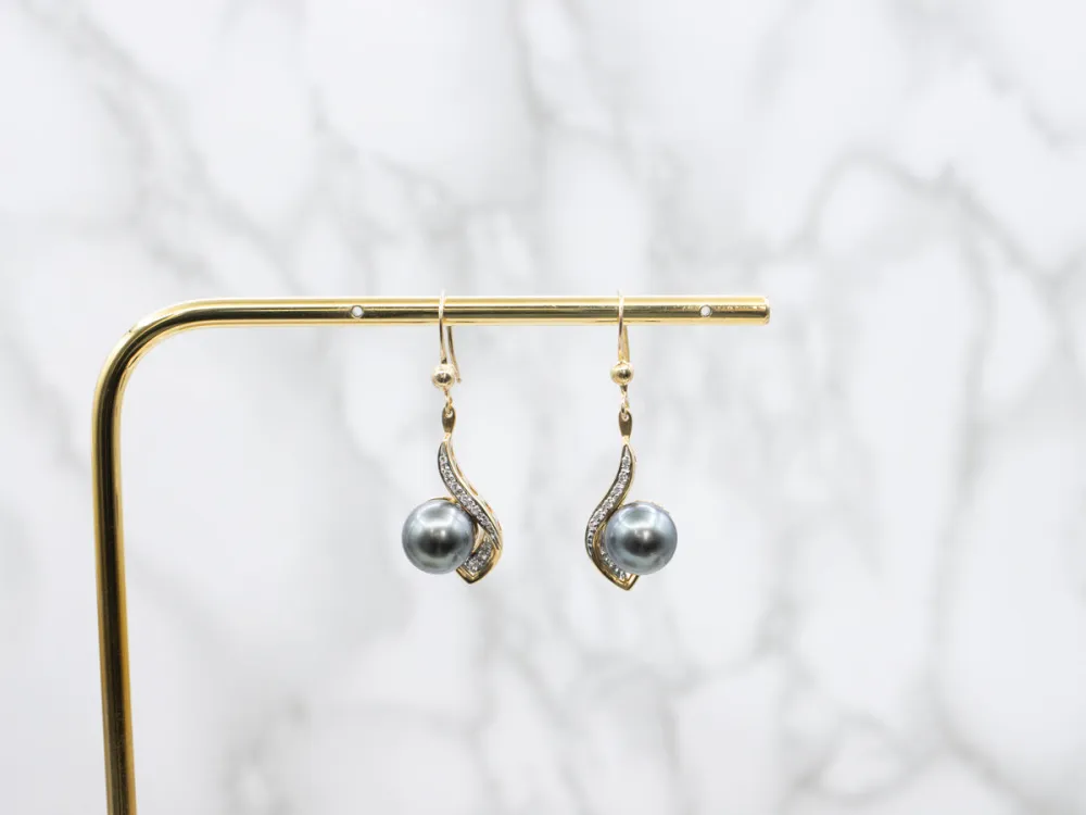 Two Tone Verguld Grey Pearl and Diamond Drop Earrings