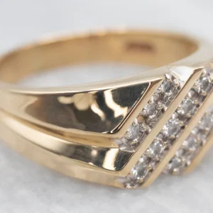 Two Tone Yellow and Ivoor Gold Diagonal Row Diamond Ring
