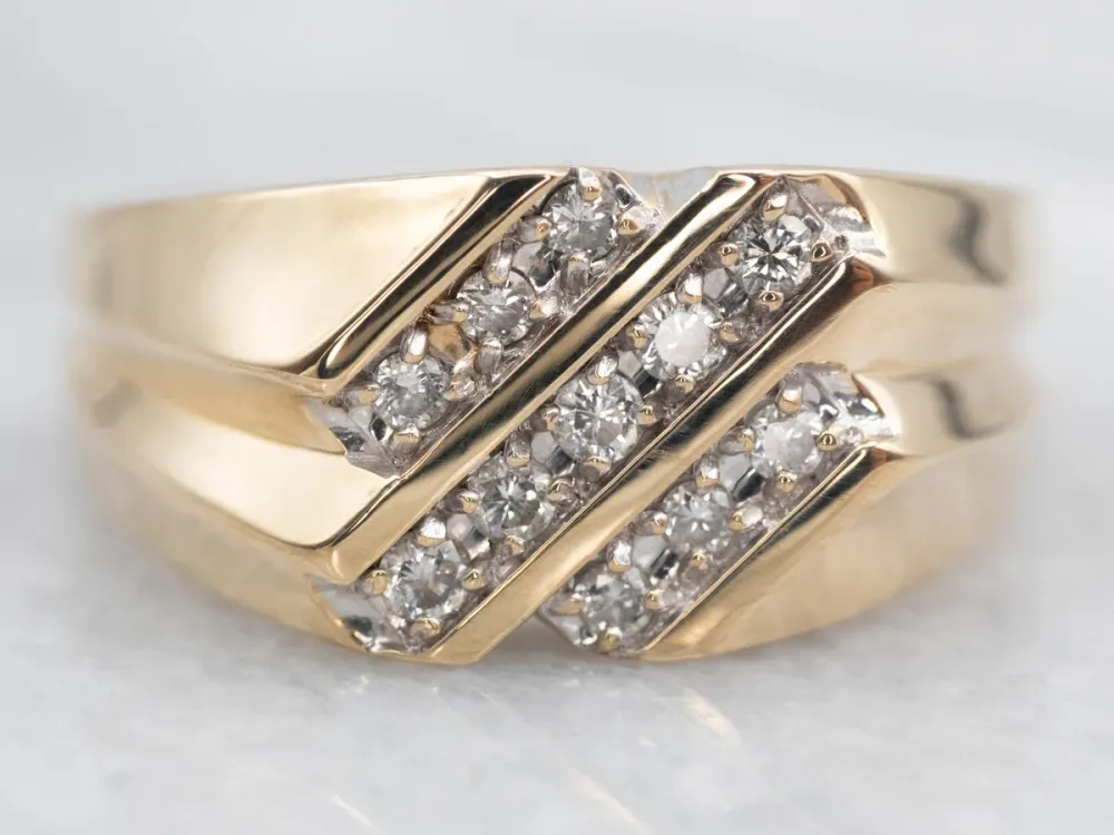 Two Tone Yellow and Ivoor Gold Diagonal Row Diamond Ring