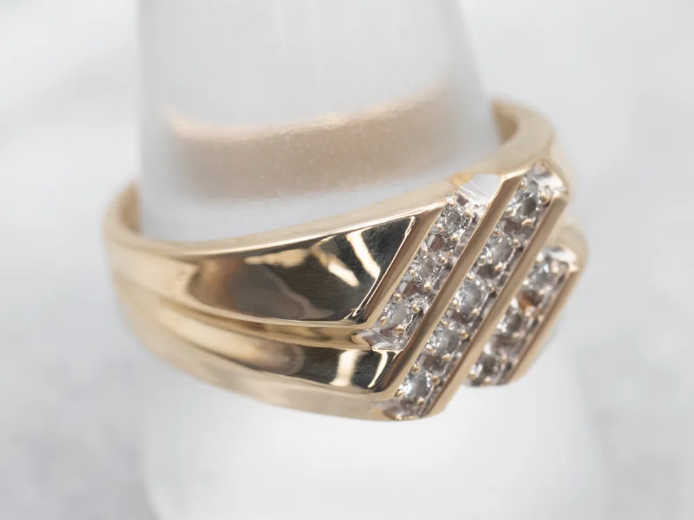 Two Tone Yellow and Ivoor Gold Diagonal Row Diamond Ring