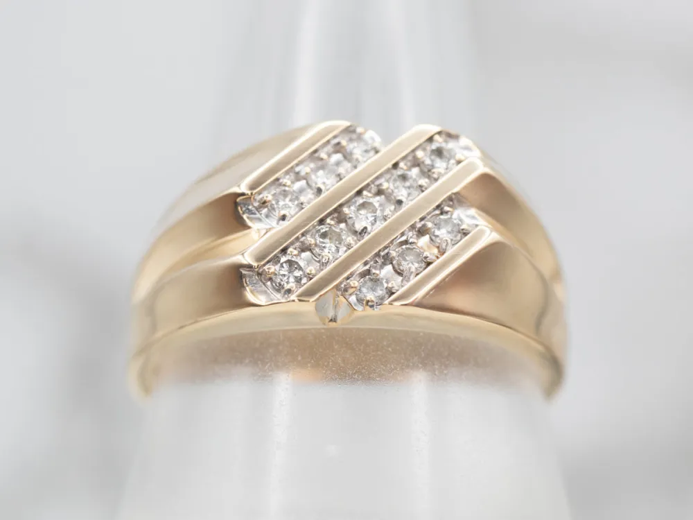 Two Tone Yellow and Ivoor Gold Diagonal Row Diamond Ring
