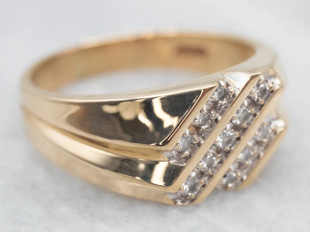 Two Tone Yellow and Wit Gold Diagonal Row Diamond Ring