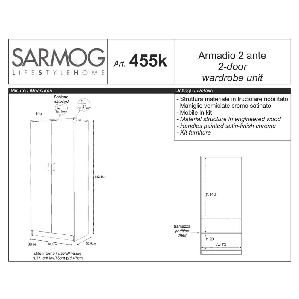 Two-door wardrobe clothes rail and 2 shelves eucalyptus finish Sarmog