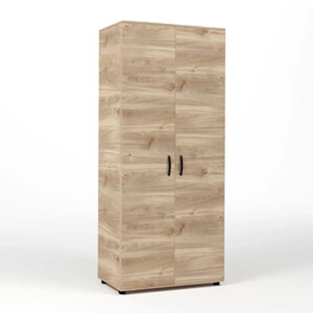 Two-door wardrobe hanging rod and fixed shelf - Honey Eiken