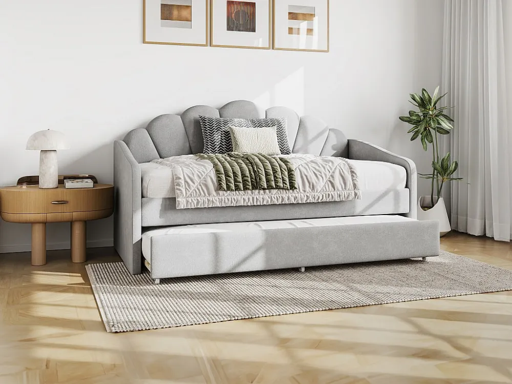 Uitschuifbaar schelpvormig bed 2 x 90 x 190 cm, lichtgrijs velours + matras - ELUSIA