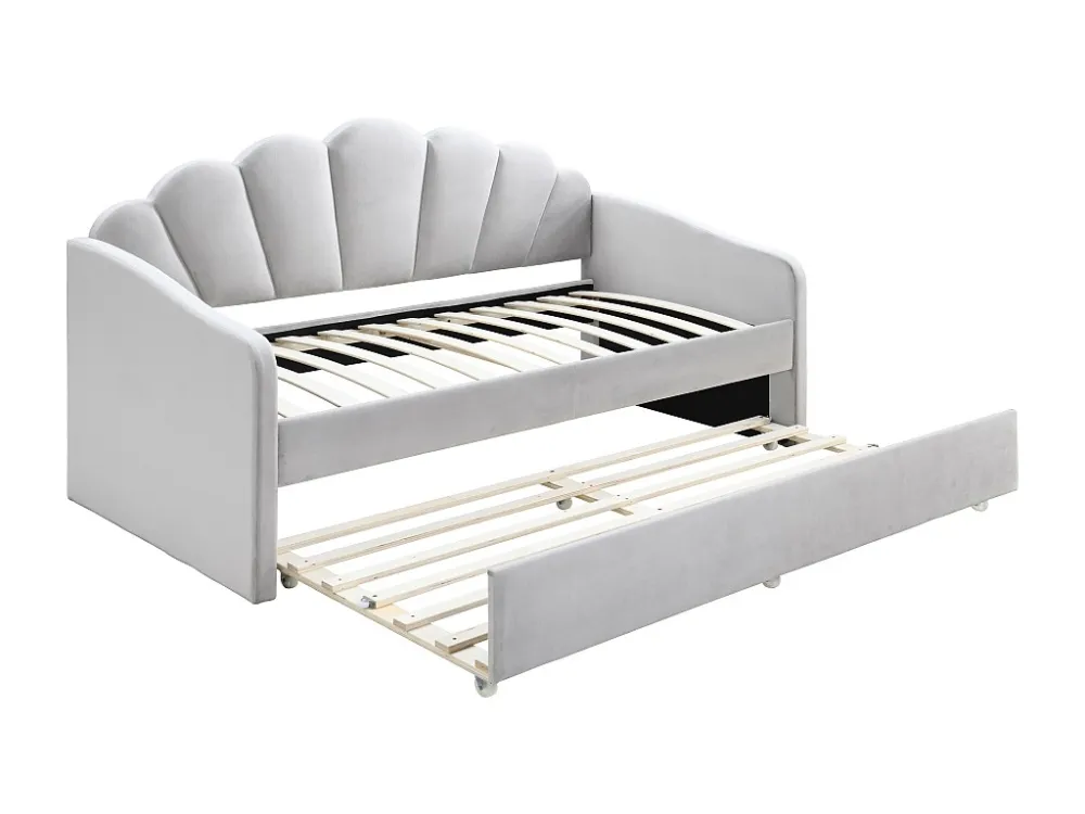 Uitschuifbaar schelpvormig bed 2 x 90 x 190 cm, lichtgrijs velours + matras - ELUSIA
