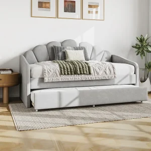 Uitschuifbaar schelpvormig bed 2 x 90 x 190 cm, lichtgrijs velours - ELUSIA