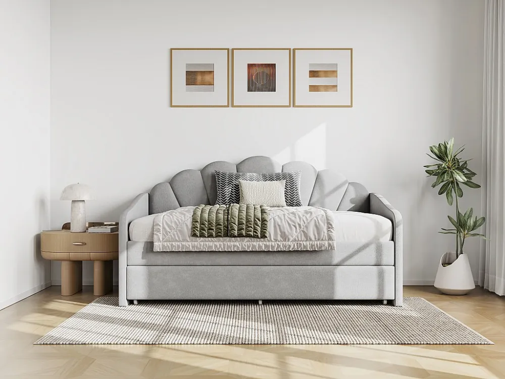 Uitschuifbaar schelpvormig bed 2 x 90 x 190 cm, lichtgrijs velours - ELUSIA