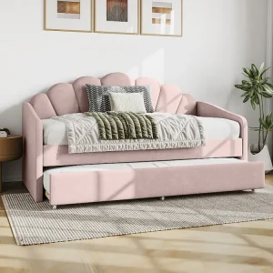 Uitschuifbaar schelpvormig bed 2 x 90 x 190 cm van roze velours - ELUSIA
