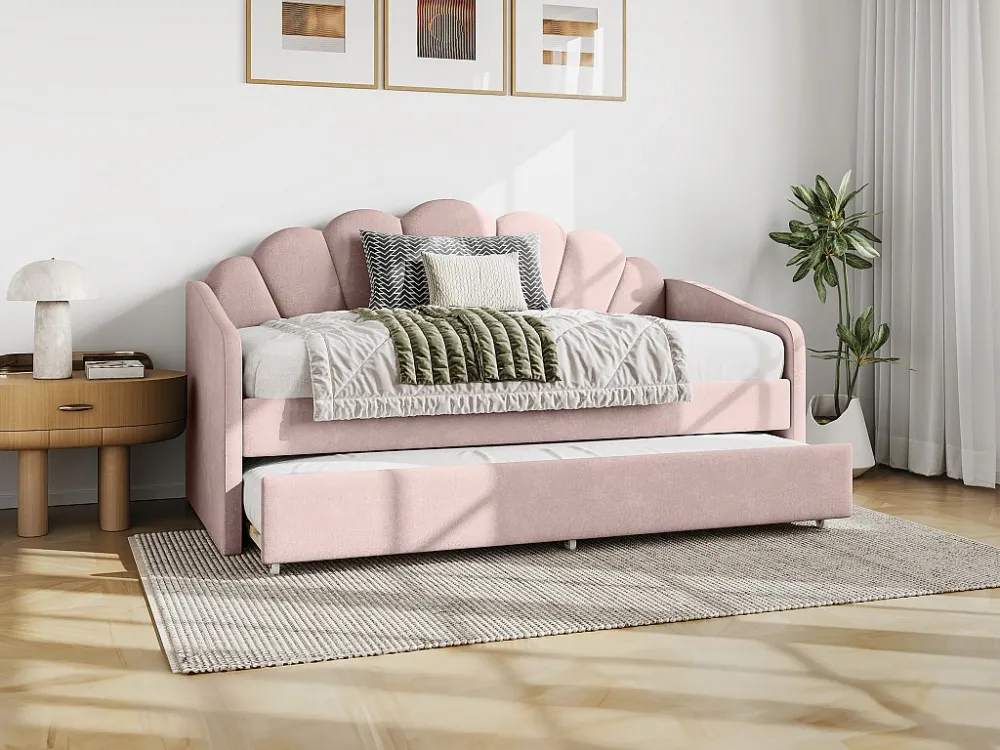 Uitschuifbaar schelpvormig bed 2 x 90 x 190 cm van roze velours - ELUSIA