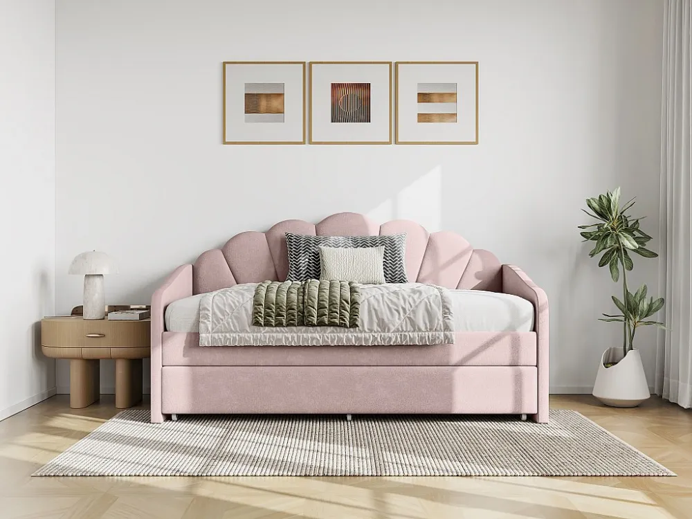 Uitschuifbaar schelpvormig bed 2 x 90 x 190 cm van roze velours - ELUSIA