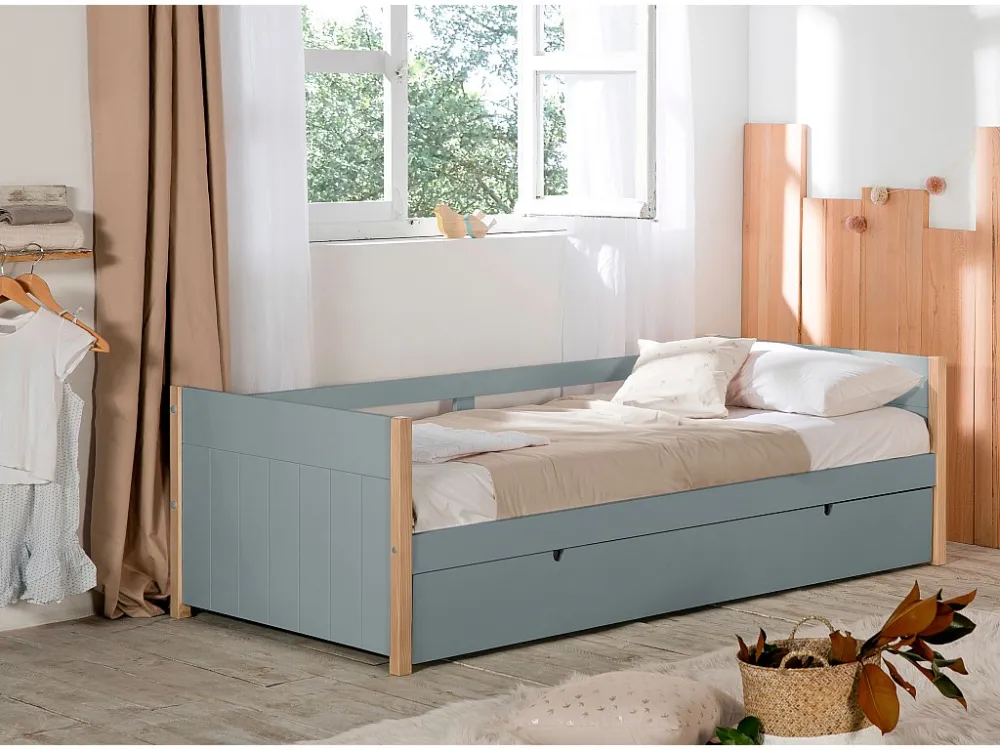 Uitschuifbed 2 x 90 x 190 cm MDF, den en metaal groen en houtlook + Matras - MAREKI