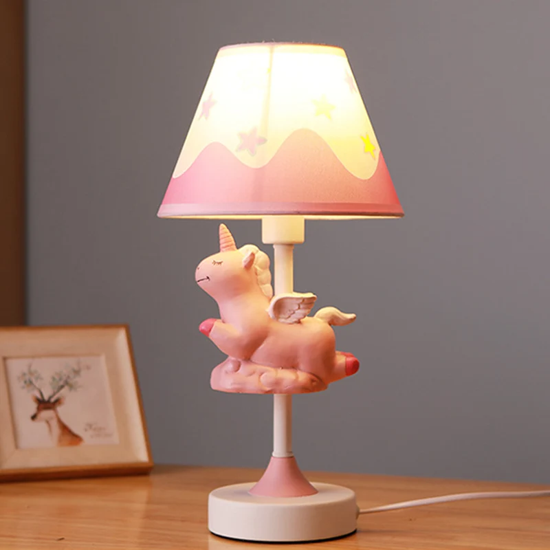 Unicorn Bedroom Night Light Resin 1-Light Cartoon Night Table Lamp Pink/Yellow/Blue Cone Fabric Shade Yellow