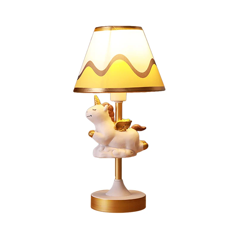 Unicorn Bedroom Night Light Resin 1-Light Cartoon Night Table Lamp Pink/Yellow/Blue Cone Fabric Shade Yellow