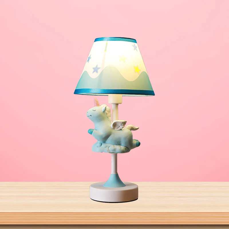Unicorn Bedroom Night Light Resin 1-Light Cartoon Night Table Lamp Pink/Yellow/Blue Cone Fabric Shade Yellow