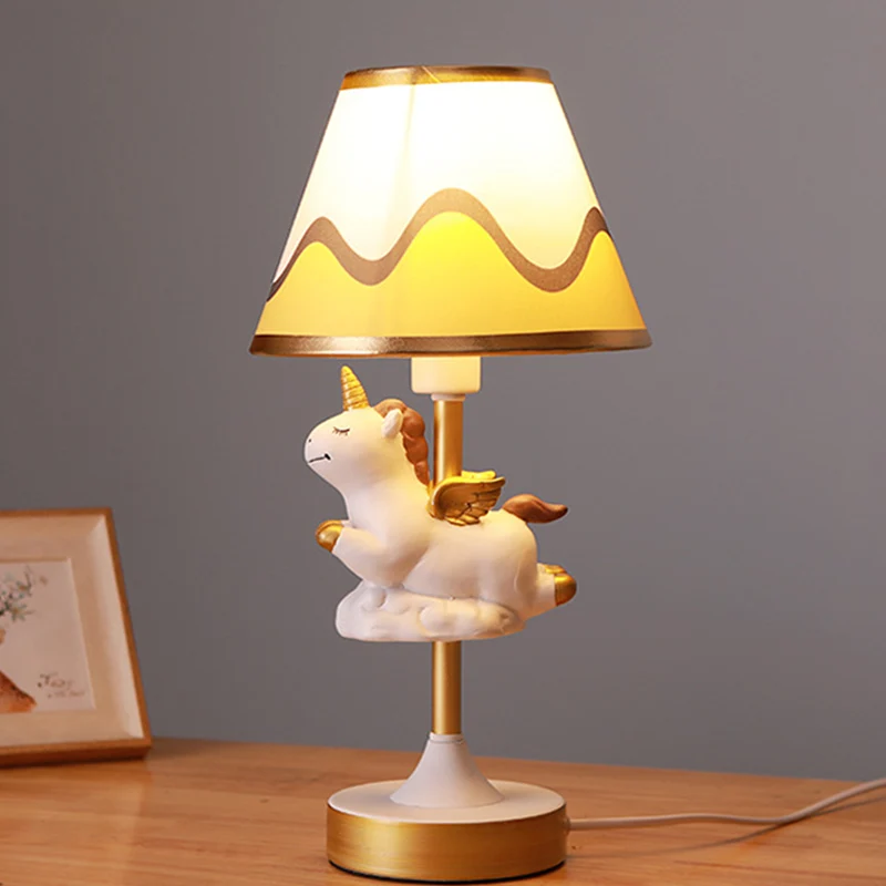 Unicorn Bedroom Night Light Resin 1-Light Cartoon Night Table Lamp Pink/Yellow/Blue Cone Fabric Shade Yellow