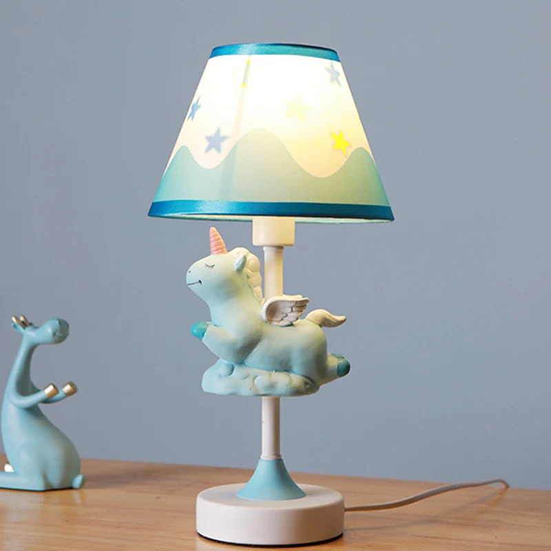 Unicorn Bedroom Night Light Resin 1-Light Cartoon Night Table Lamp Pink/Yellow/Blue Cone Fabric Shade Yellow