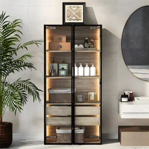 Vitrine、Badkamermeubel met LED - 2 grote laden en 2 glazen deuren - Naturel